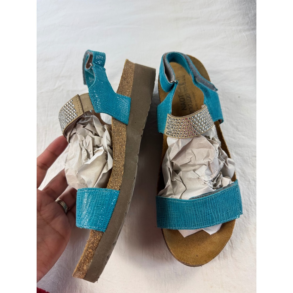 Naot Turquoise Leather Rhinestone Slingback Sandals Blue Cork Footbed‎ 41 L10 - Picture 3 of 8